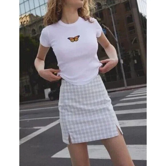 BRANDY MELVILLE Juniors Cute Soft BLUEWHITE PLAID CARA High Rise Mini Skirt - Picture 8 of 15